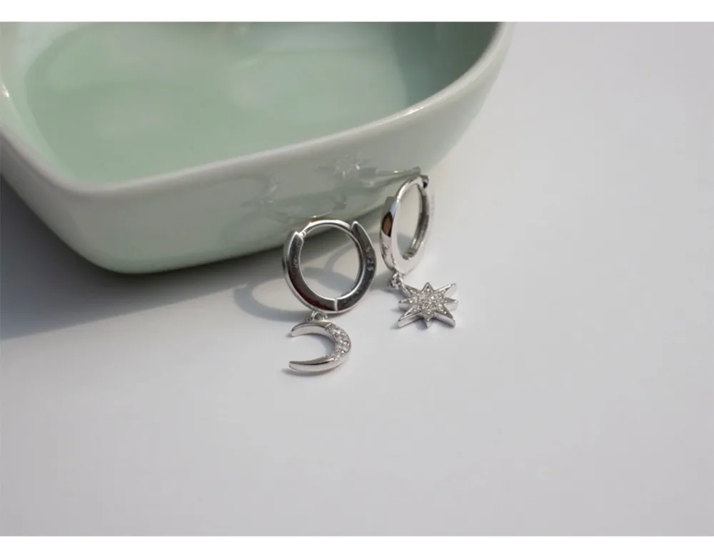 Серьги из стерлингового серебра 925 пробы, модные серьги с цирконием, звездами и луной, серьги-капли, кольцо для ушей, милое, дикое, темпераментное, для девушек, серебряные серьги, ювелирное изделие