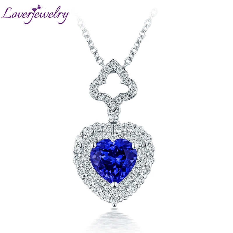 

LOVERJEWELRY Girls Heart Pendants Natural Blue Tanzanite Pendant Necklace Without Chain In Diamonds Real 14Kt White Gold Jewelry