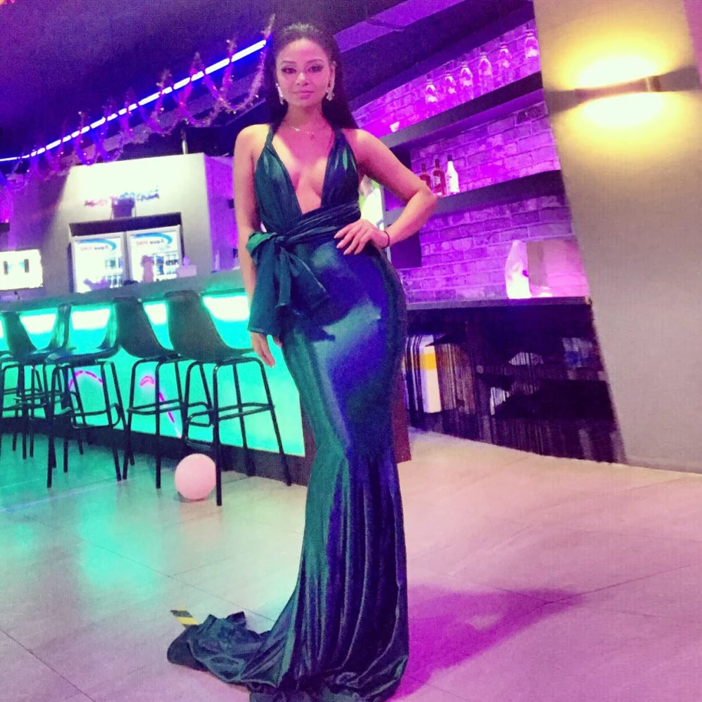

Green Satin Deep Neck DIY Straps Lace Up Maxi Gown Prom Court Train Floor Length Evening Party Dress