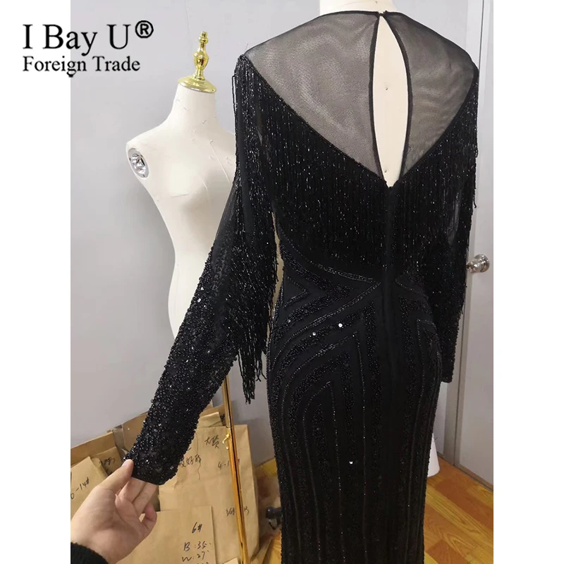 Gorgeous Black Beading Evening Dress 2020 Long Sleeve Mermaid Sliver Prom Gown Vestido De Festa