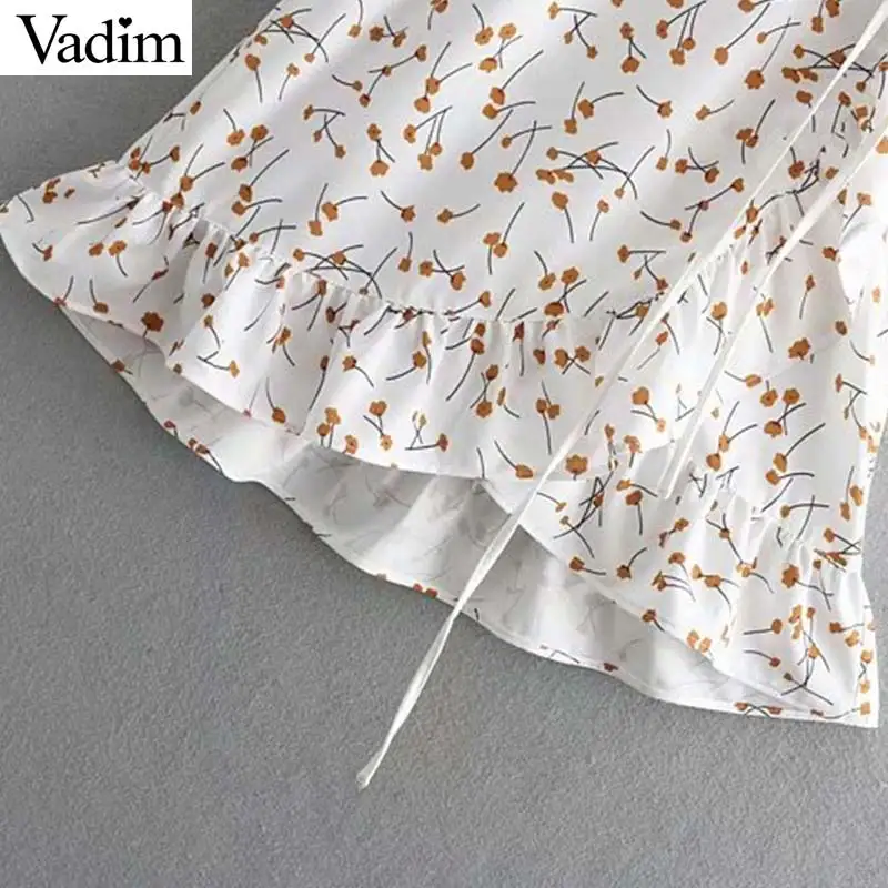 Vadim милый женский цветочный ruffled wrap dress V шеи крест дизайн с коротким рукавом