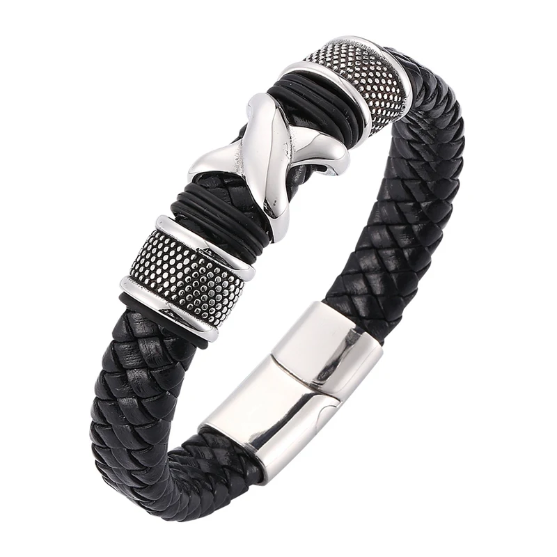 Steel color clasp Модные мужские ювелирные браслеты черный плетеный кожаный браслет нержавеющая сталь Магнитная застежка браслет панк-рок мужской SP0068 - Окраска металла: Steel color clasp
