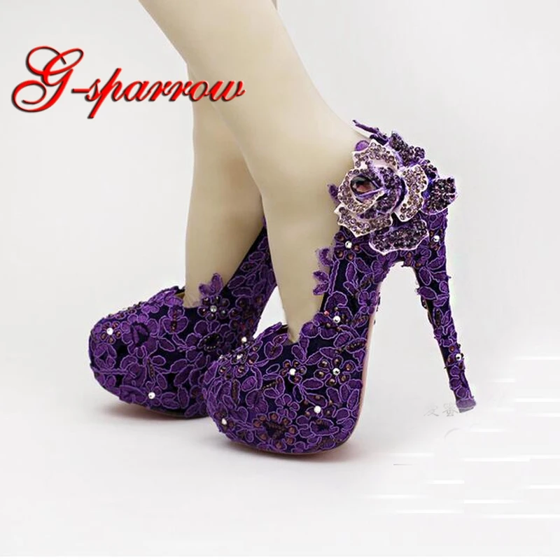 

High Heel Fashion Fower Rhinestone Bridal Shoes Purple Lace Wedding Shoes Beautiful Platform Crystal High Quality Women Pumps