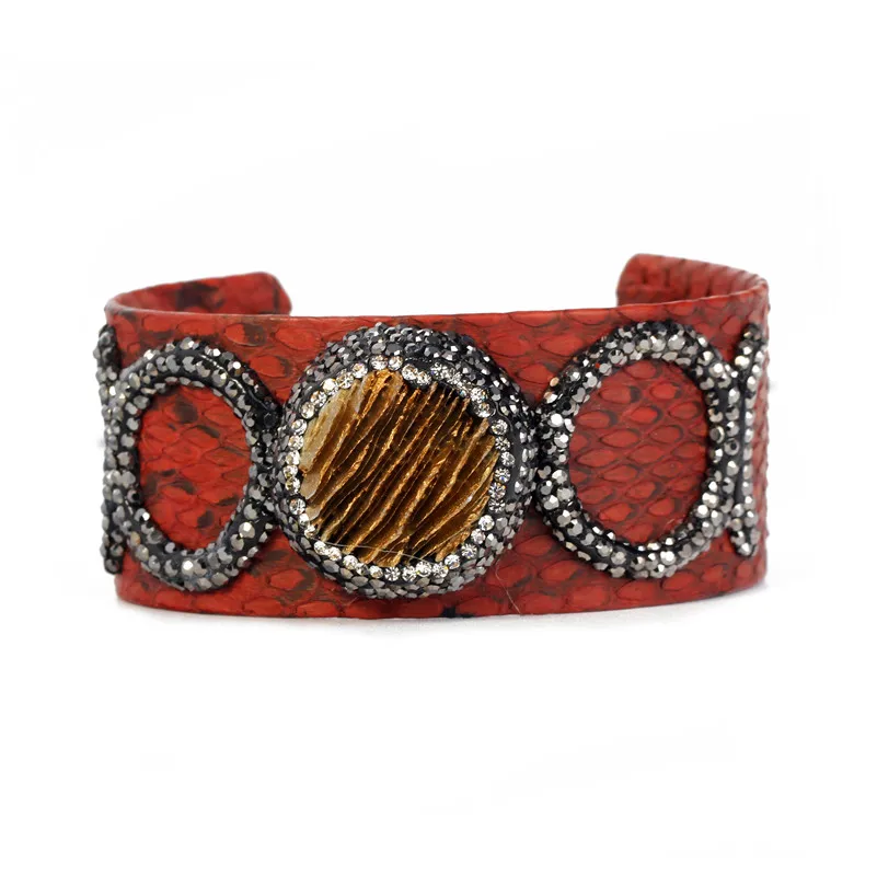 

Natural Python Leather Bangle Bracelet Pave Rhinestone Genuine Leather Charm Snakeskin Open Cuff Bracelet 8 Style