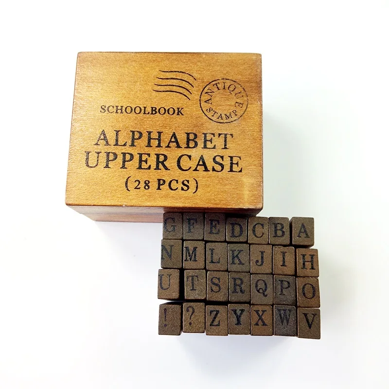 UPPERCASE 28 шт./компл. винтажные изделия ручной работы многоцелевой Алфавит буквы печати с буквами алфавита набор дерева набор резиновых штампов деревянная коробка 2 стиля на выбор - Цвет: UPPERCASE