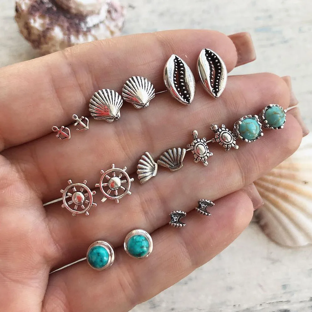 EN 2020 Boho Shell черепаха Якорь Маленький Комплект сережек для женщин панк смешанный