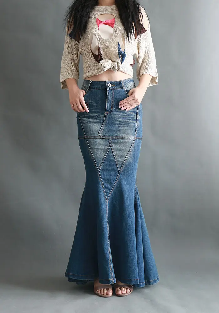 Vintage blue skirt Большая рыбий хвост джинсовая юбка для женщин Длинная юбка в пол Лоскутная Русалка труба имперский Высокая талия джинсы стрейч J92792 - Цвет: Vintage blue skirt