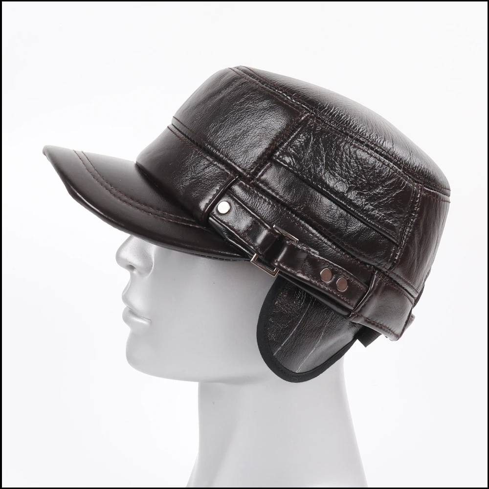 New Outdoor Men Real Sheepskin Leather Flat Caps Man Warm Real Natural Sheep Leather Military Hats Fall Winter Real Leather Hat