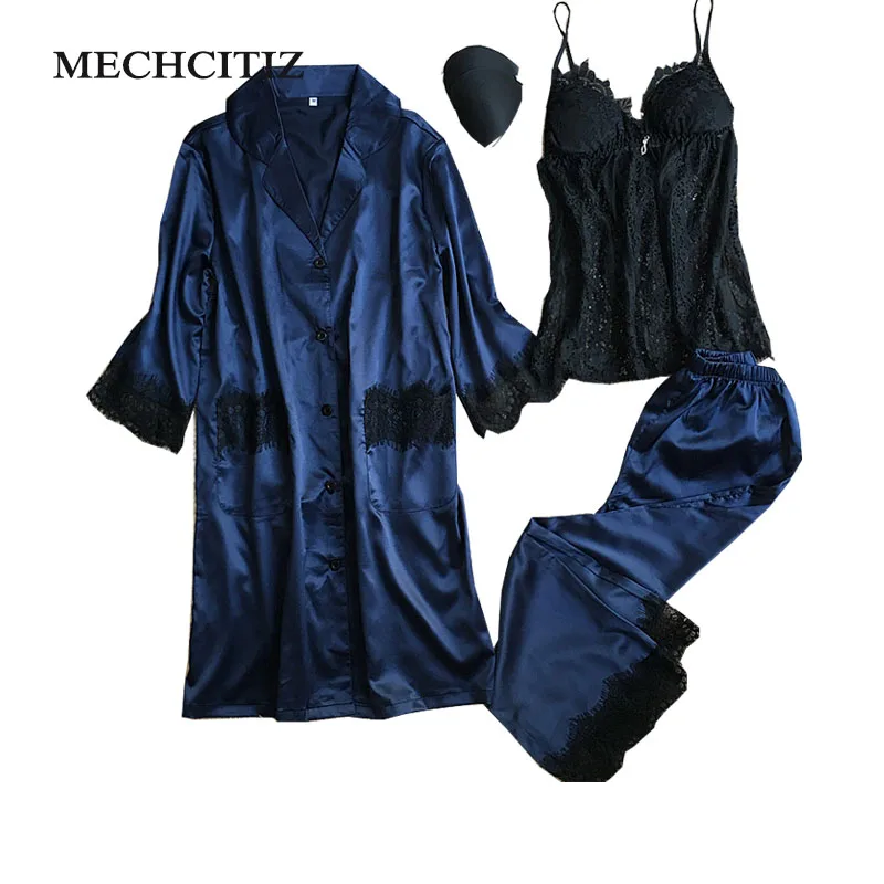 MECHCITIZ 2019 Three Piece Silk Pajamas Sets For Women Robe Sling Pants Stripe Pyjamas Spring Warm Long Sleeve Sleepwear Lounge | Женская