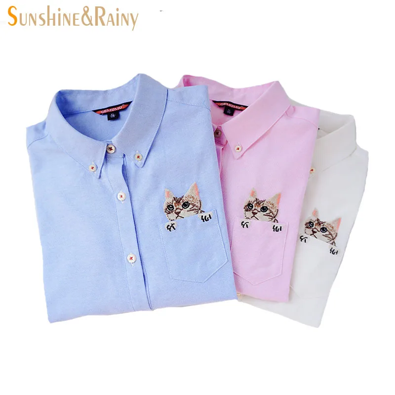 New High Quality Spring Autumn Women Blouse Cats Embroidery Long Sleeve Work Shirts Women office Tops White shirts for business