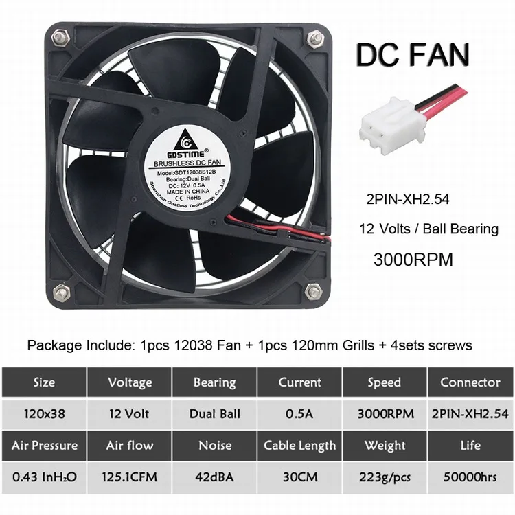12V Ball 3000RPM Gdstime Вентилятор охлаждения 120 мм 12 см 12038 мм x 120 мм x 38 мм чехол для компьютера вентилятор 12 В 24 в 48 в 120 в 110 в 115 в 220 в 240 В шариковый охлаждающий кулер - Цвет лезвия: 12V Ball 3000RPM