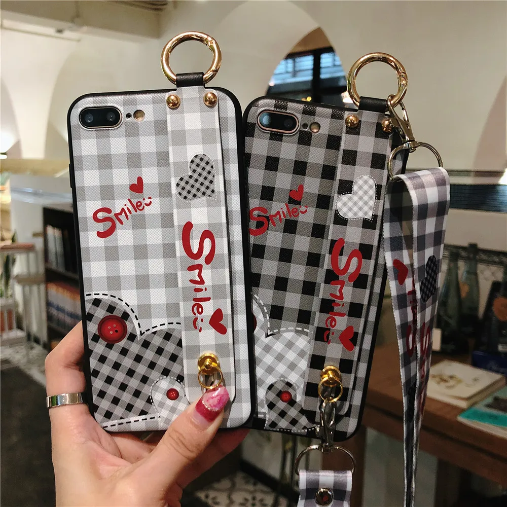 Wrist Strap Phone Case For iPhone X XR XS MAX Lattice Printing Love Silicone for iphone 7 6s 8plus Lanyard Neck Cover |