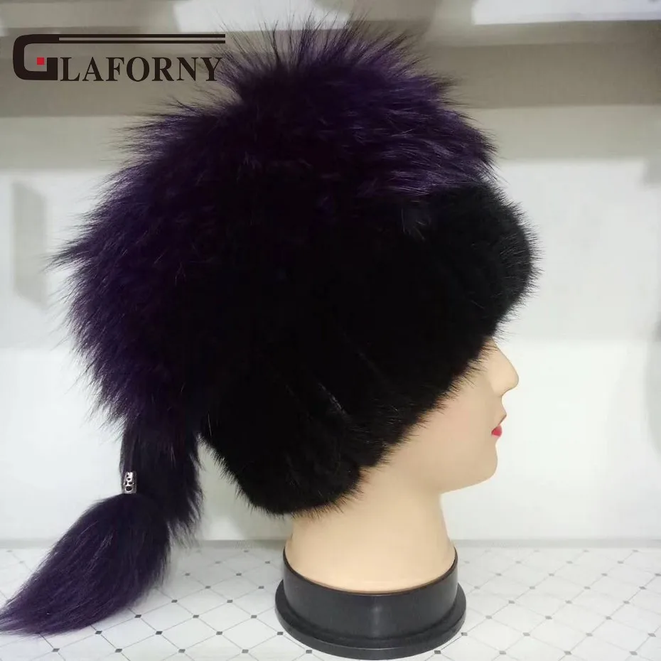 Glaforny Новое поступление женские вязаные шапки из меха норки черные настоящие норковые шапки с енотом меховые пиджаки помпоны из меха енота высокого качества