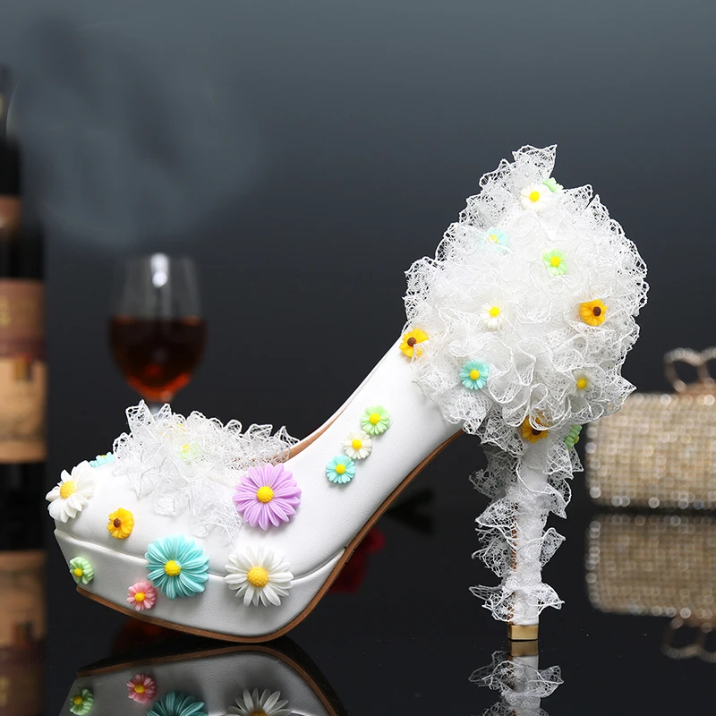 Туфли лодочки свадебные на высоком каблуке 12 см с кружевными цветами|flower bridal