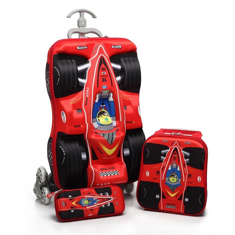 red set 3D стерео сумка на колесиках милый компактный автомобильный Детский чемодан для путешествий для мальчиков и девочек мультяшный багаж для путешествий подарок для мальчиков и девочек 4 цвета на выбор - Цвет: red set