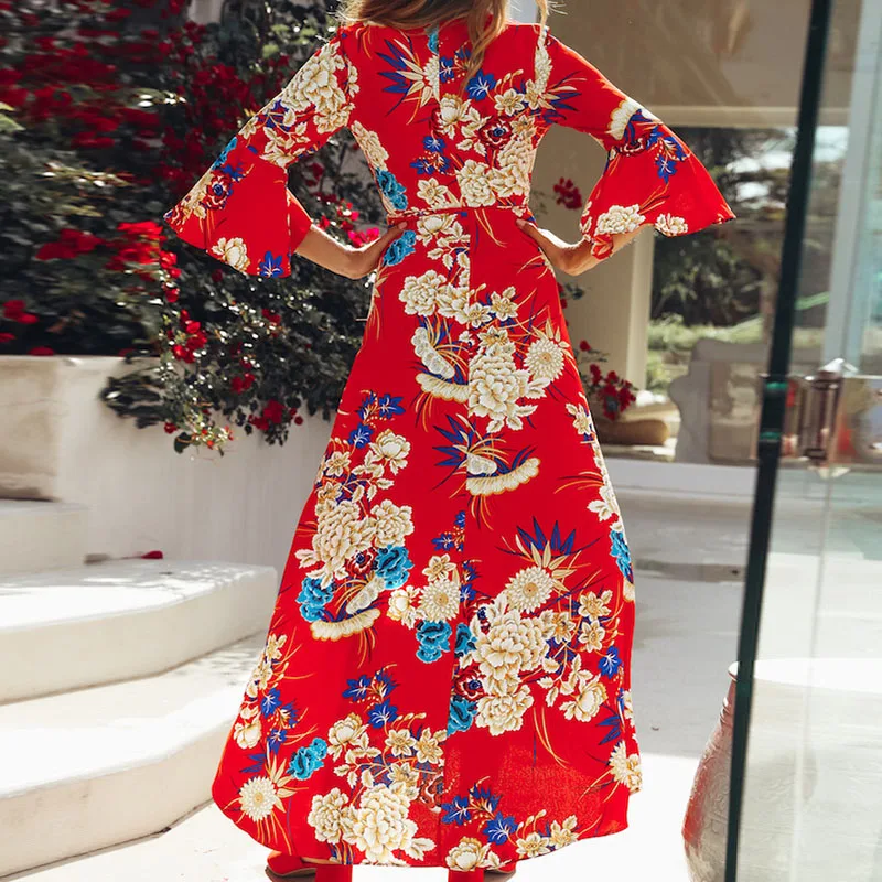

Sexy Womens Irregular V Neck Floral Long Dress Trumpet Sleeve Party Casual Dress