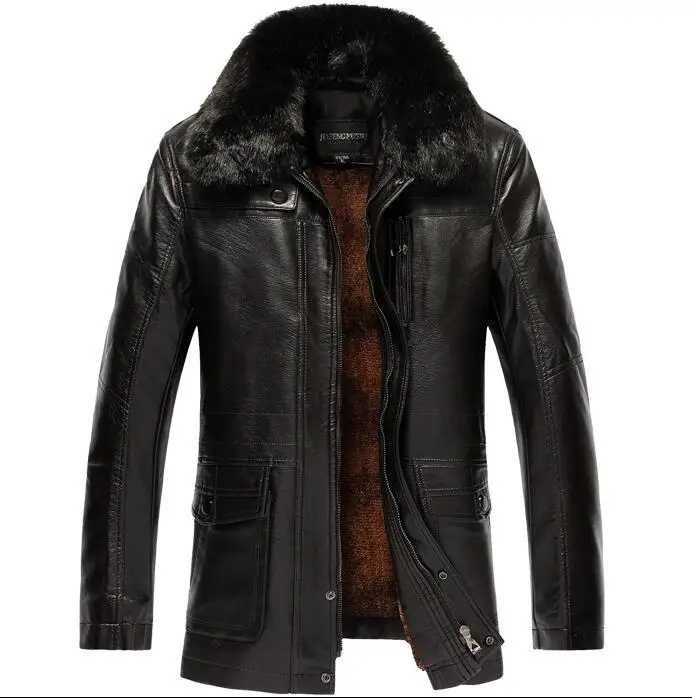 

Winter velvet thicken thermal removable fur collar leather jacket men business casual straight mens loose coats black brown