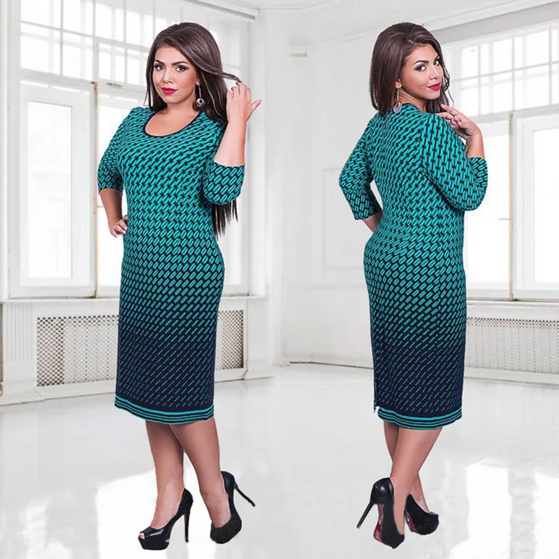 Women Plus Size Bodycon Dress Elegant Plaid Print Gradient Casual Slim Shift Three Quarter Sleeve Pencil L to 6XL | Женская одежда