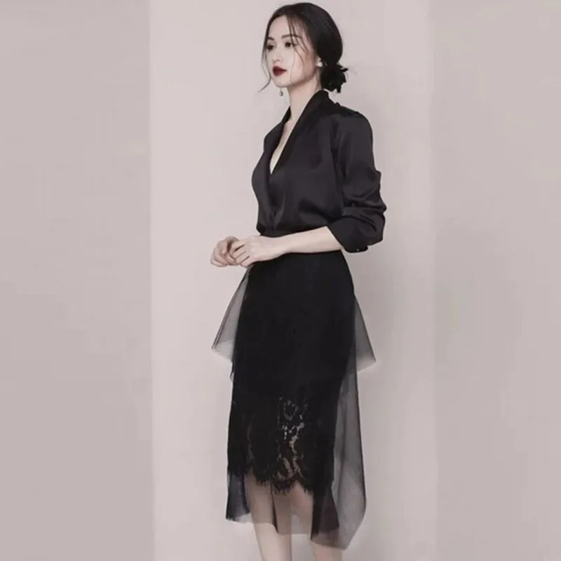 

Two Piece Sets Female Black V Neck Long Sleeve Shirt High Waist Patchwork Mesh Lace Skirt Suits For Women 2019 Spring Summer