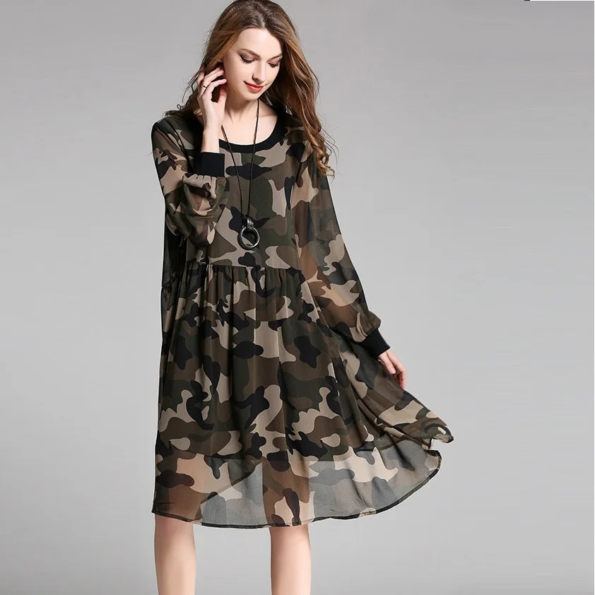 Новые 2016 Весна Европейский Для женщин камуфляж свободный крой шифоновые платья