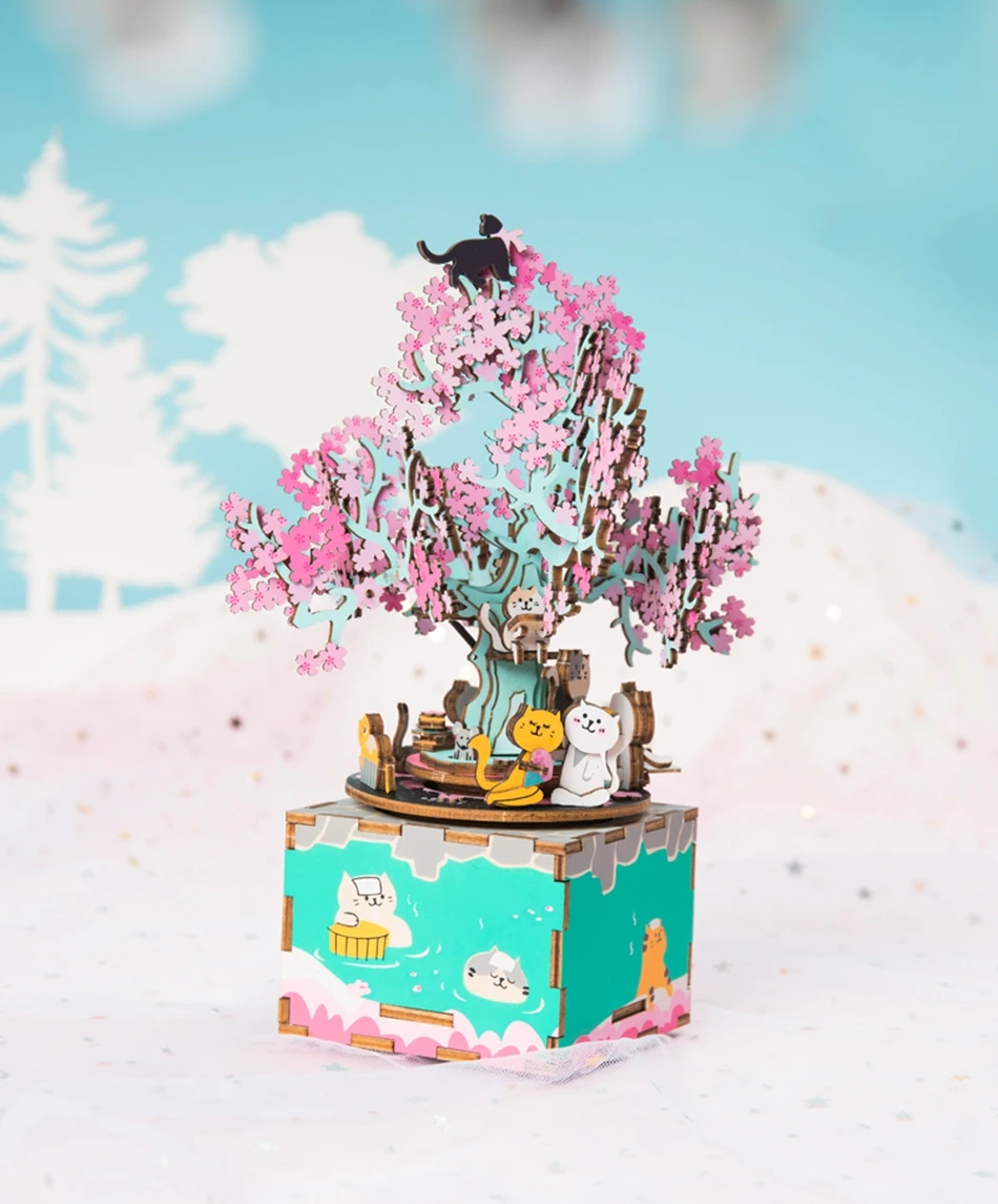 Robud DIY Деревянные блоки 148 шт 3D деревянные головоломки Вишневое дерево кошка сборка Подарочная музыкальная шкатулка игрушки для детей дети взрослые AM409