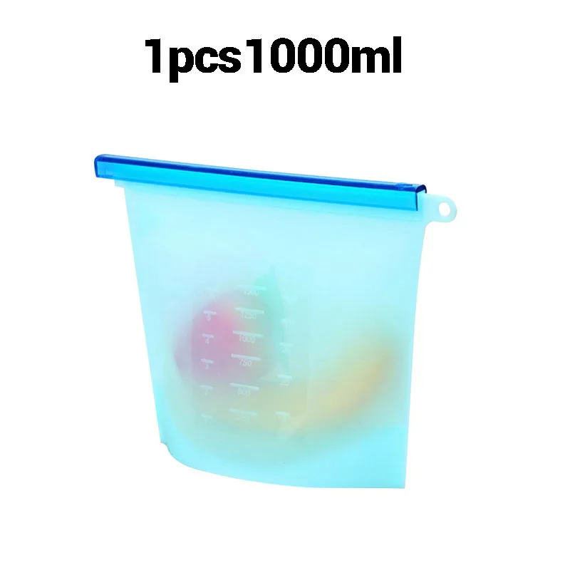 1pcs 1000ml Blue Многоразовые силиконовые вакуумные пакеты для хранения продуктов, контейнеры для хранения фруктов, мяса, молока, пакет для холодильника Ziplock, кухонный Органайзер - Цвет: 1pcs 1000ml Blue