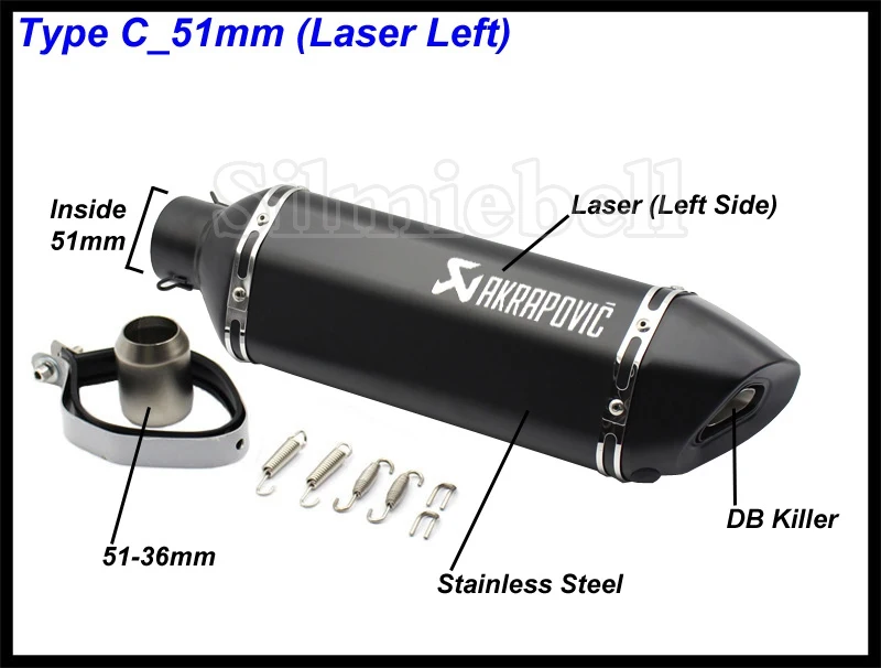 C-51mm (Laser Left) Универсальный мотоцикл выхлопной модифицированный Akrapovic глушитель FZ6 CBR250 CB600 MT07 ATV Dirt Pit Bike выхлопной вход 51 мм 61 мм - Color: C-51mm (Laser Left)