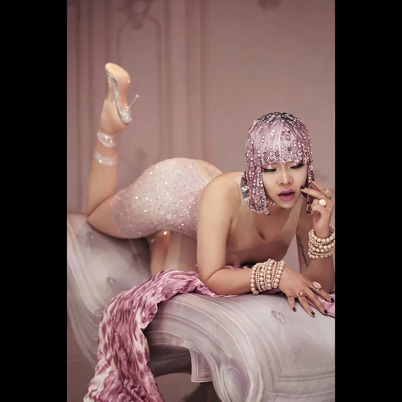 

Pink strapless print rhinestone stretch jumpsuit party nightclub bar concert DJ singer/dancer costume