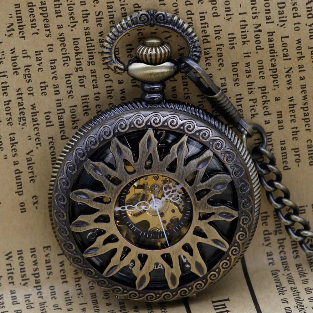 Fashion Vintage Sun Flower Hollow Mechanical Pocket Watch Men Antique Skeleton Fob Watch for Men Women PJX1307