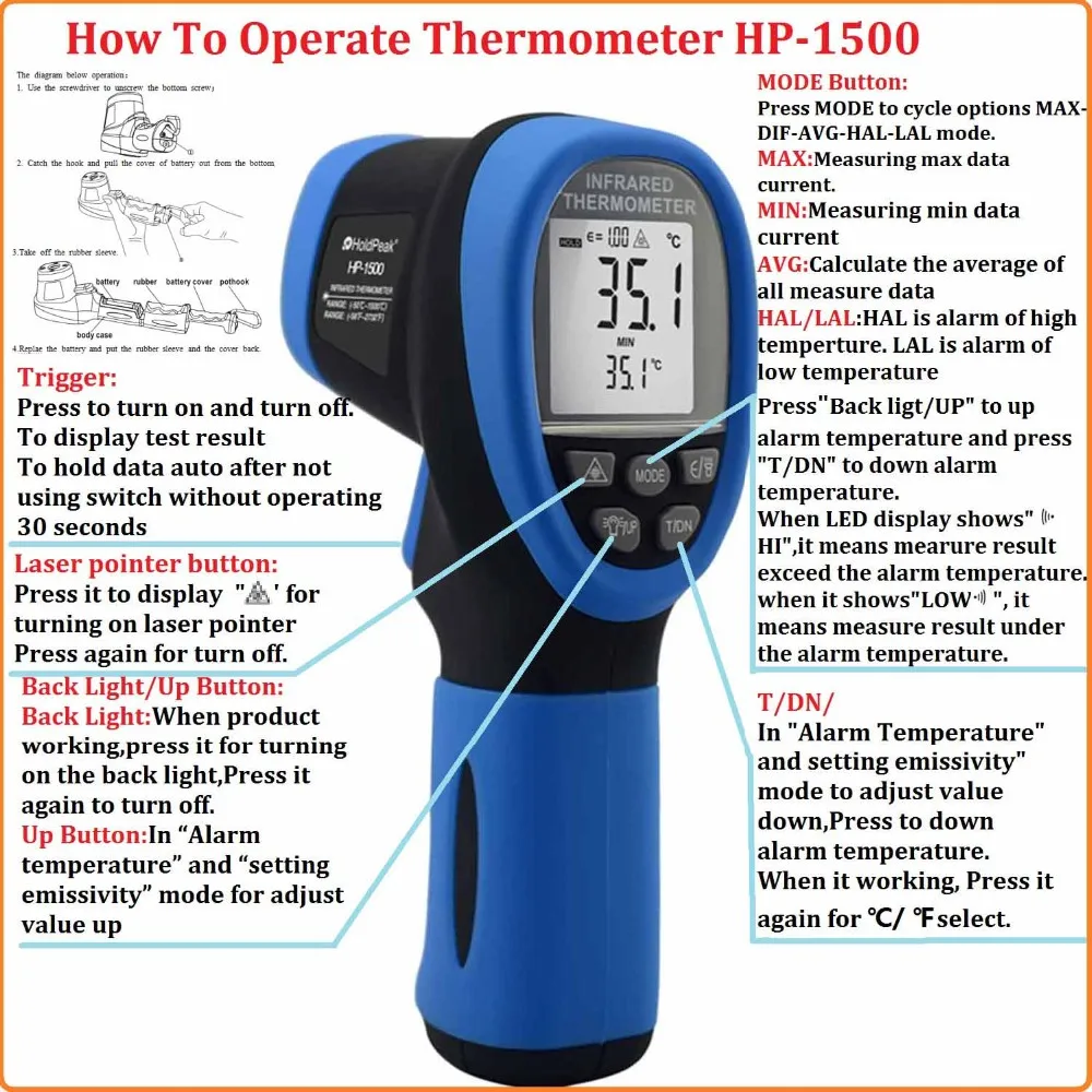 Лазерный термометр holdpeak doble лазерный цифровой инфракрасный бесконтактный