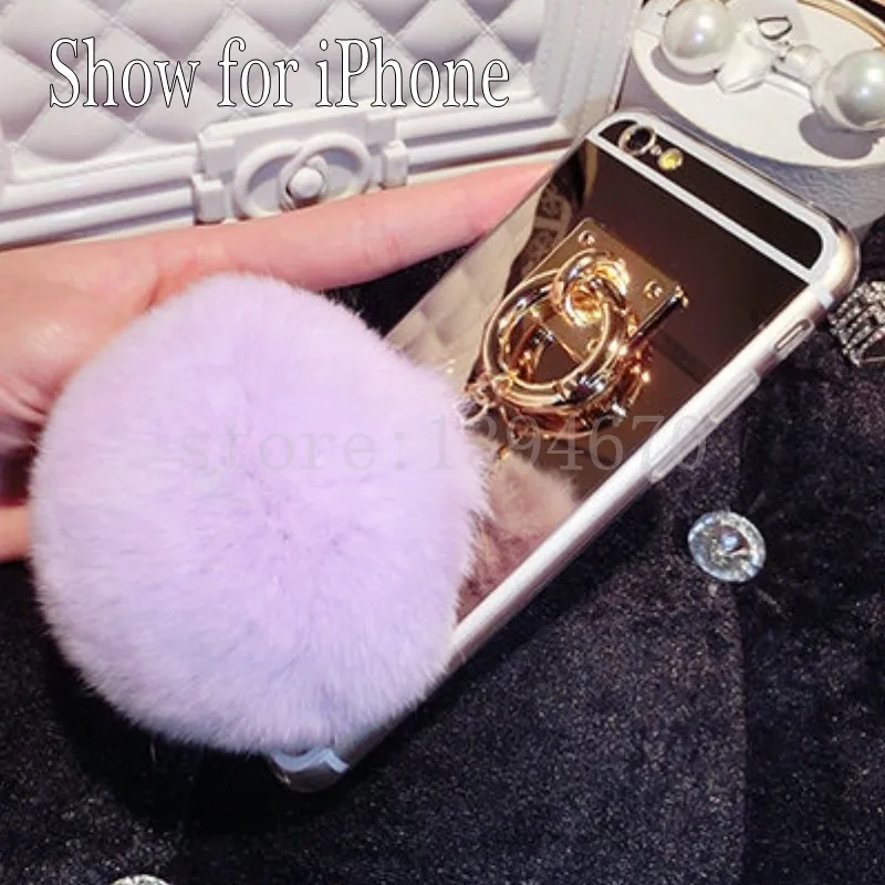 Gold Purple Ball Для iPhone 11 Pro XS MAX XR 6 6S 4 5 5S 5G SE 7 8 S X plus 6plus 7P чехол с зеркальной кисточкой Мягкий Пушистый Теплый искусственный мех кролика помпон - Цвет: Gold Purple Ball