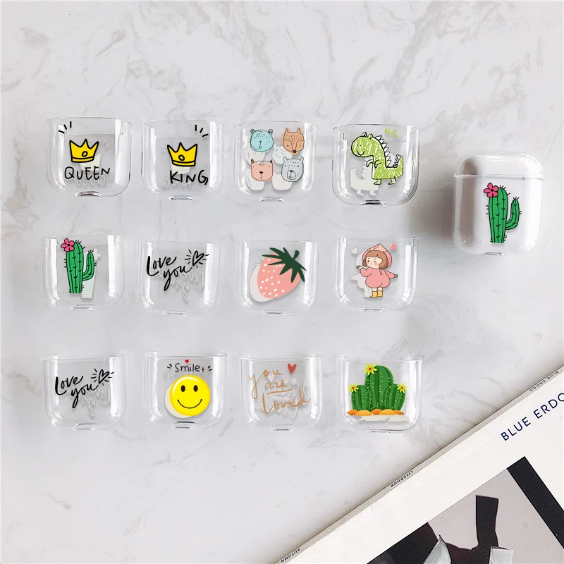 Прозрачные чехлы для наушников из поликарбоната для Apple AirPods, 2-ая коробка для зарядки, чехол с милым рисунком кактуса, жесткий чехол с кристаллами для Airpods 1