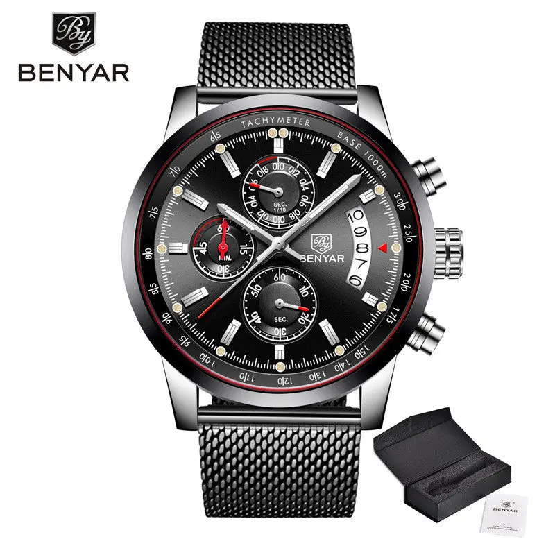 Black S Box BENYAR, новинка, мужские часы, Топ бренд, роскошные часы, мужские кварцевые часы, хронограф, военные часы, часы для мужчин, Relogio Masculino - Цвет: Black S Box