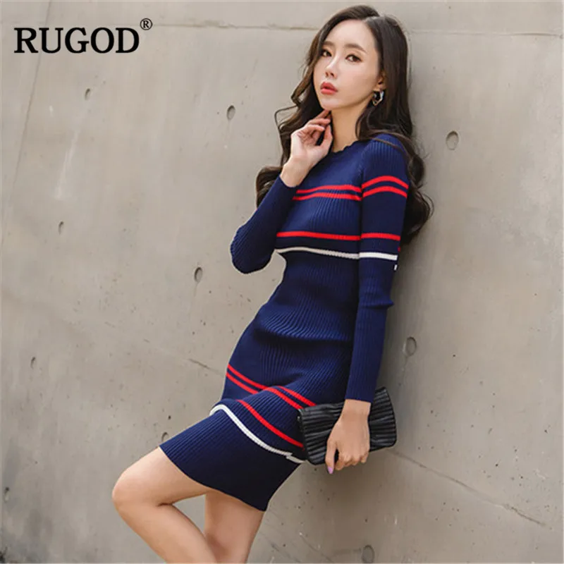 RUGOD 2018 Новый Bodycon платье Для женщин в полоску с круглым вырезом миди оболочка