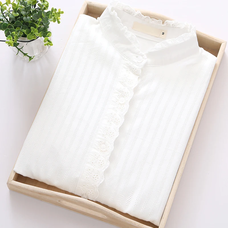 Женские хлопковые кружевные блузки 2018 весенние модные белые тонкие рубашки с