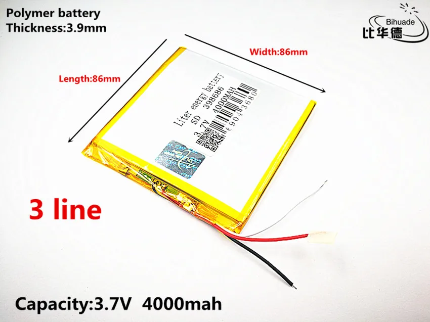 

3 line Liter energy battery Good Qulity 3.7V,4000mAH 398686 Polymer lithium ion / Li-ion battery for tablet pc BANK,GPS,mp3,mp4