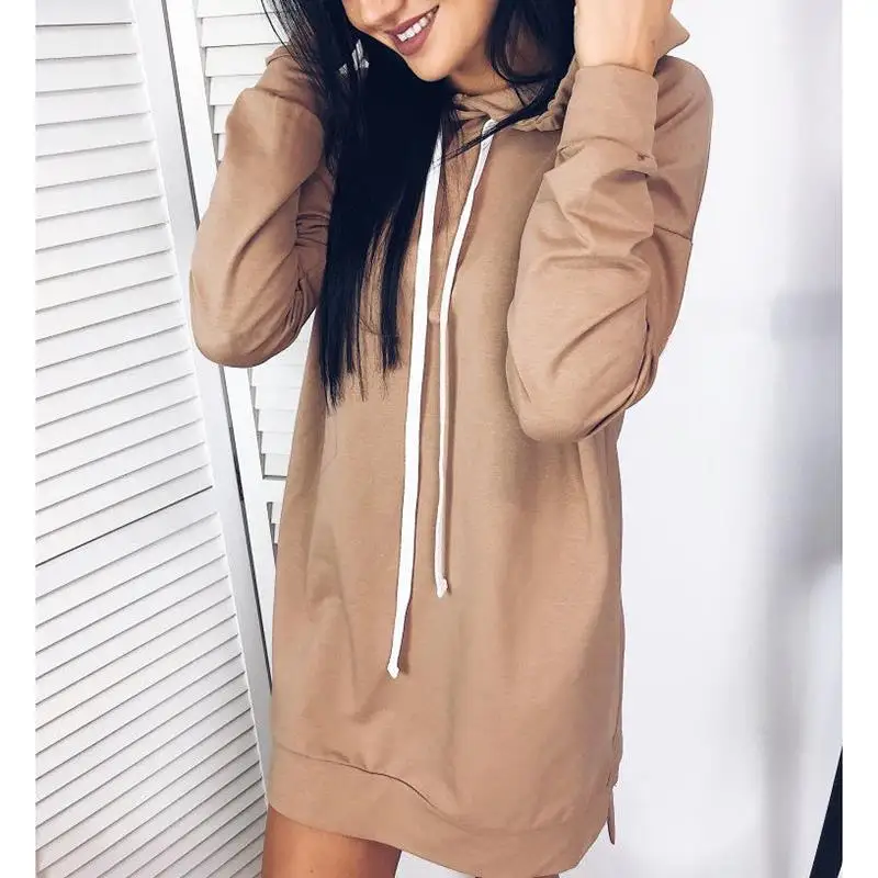 Для женщин платья осень-зима с капюшоном пот свободные женские кулиска одежда
