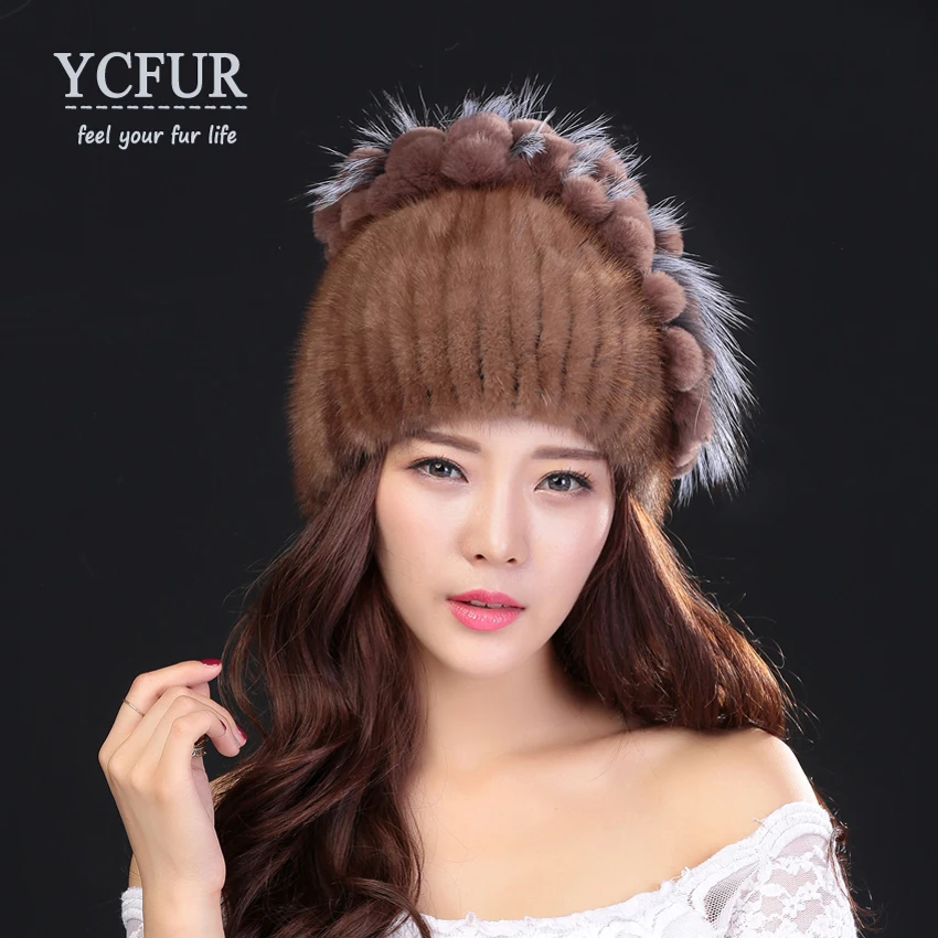 

YCFUR Women's Hats Beanies Winter Warm Quality Real Mink Fur Caps Hats with Rex Rabbit Fur Top Snow Hat Cap for Lady