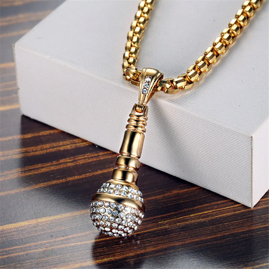 Хип хоп Iced Out Bling кулон микрофон ожерелье для мужчин золотой цвет нержавеющая