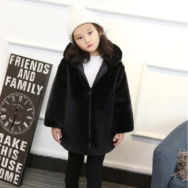 2019 Autumn Winter Warm Cotton Outerwear Teenage Kids Faux Fur Coat Casaco Inverno Hooded Zipper Black Overcoat XL429 | Детская одежда