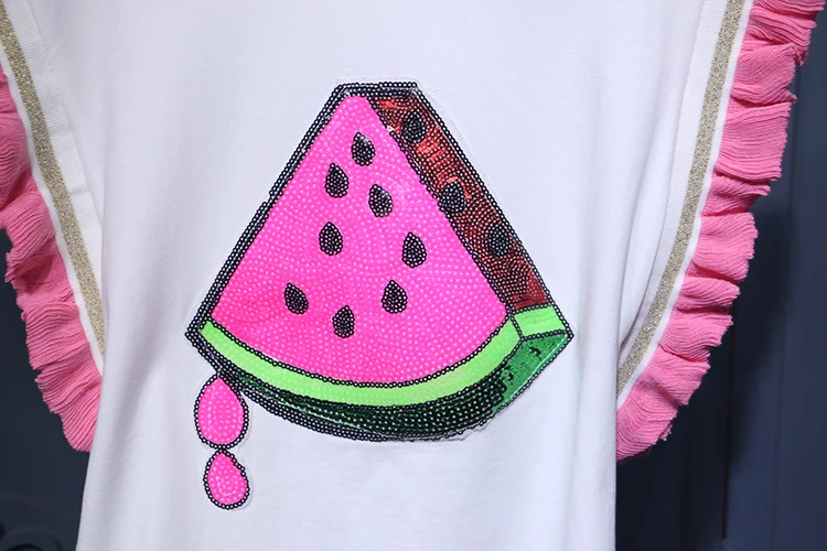 Amolapha Women Sequined Watermelon Butterfly Sleeve Tshirts Tees Woman Ruffles Patchwork Jumper Tops Clothing | Женская одежда