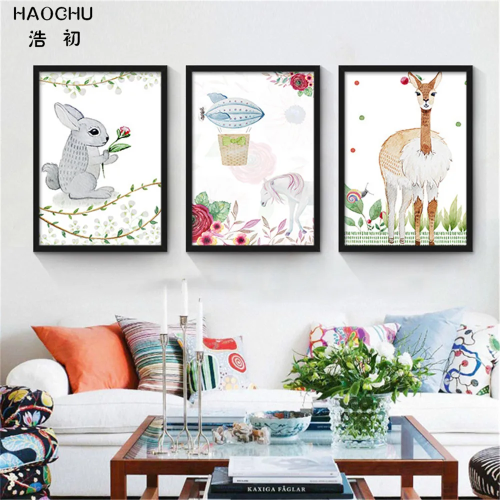 HAOCHU CARTOON ANIMALS squirrel deer elephant Mural WALL PICTURE Canvas Painting Wall poster decorations for home STUDY | Дом и сад
