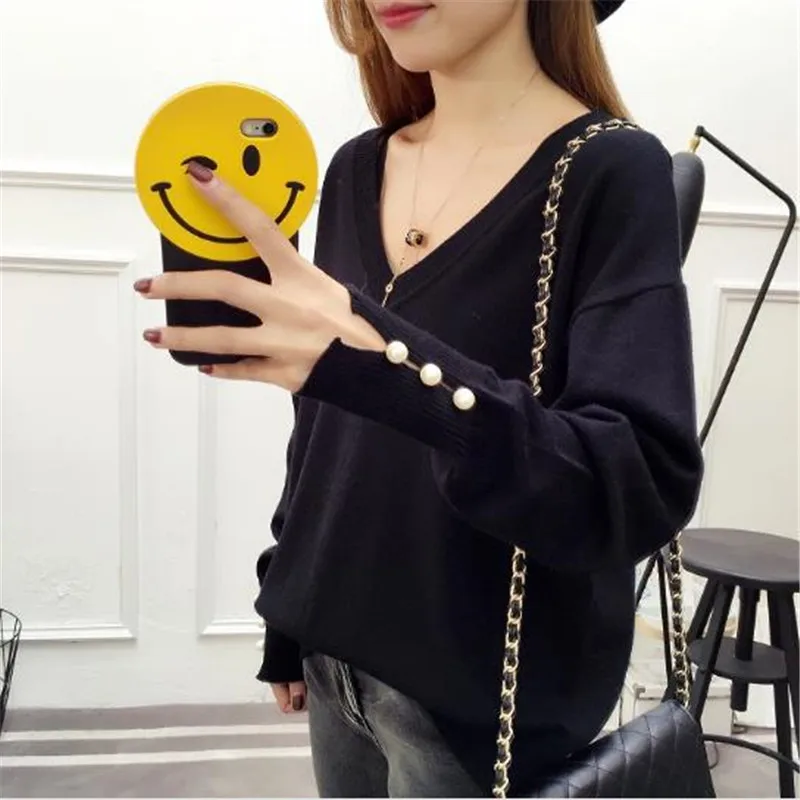 2018 Autumn and winter sweater women's solid color knitted long-sleeved shirt V-neck loose large size women jacket A1049 | Женская