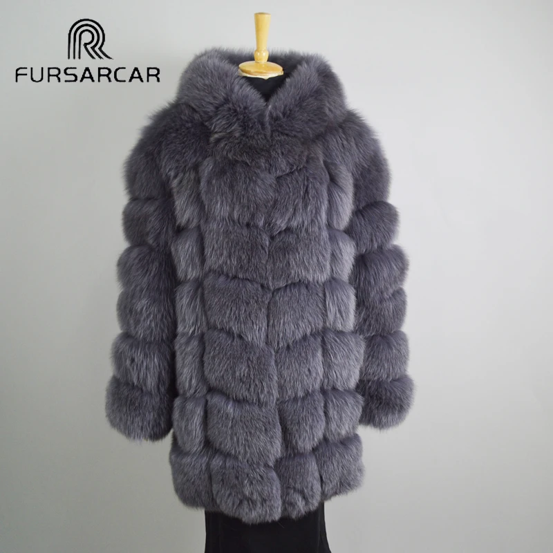 Женская Шуба с капюшоном FURSARCAR теплая длинная шуба из натурального Лисьего меха