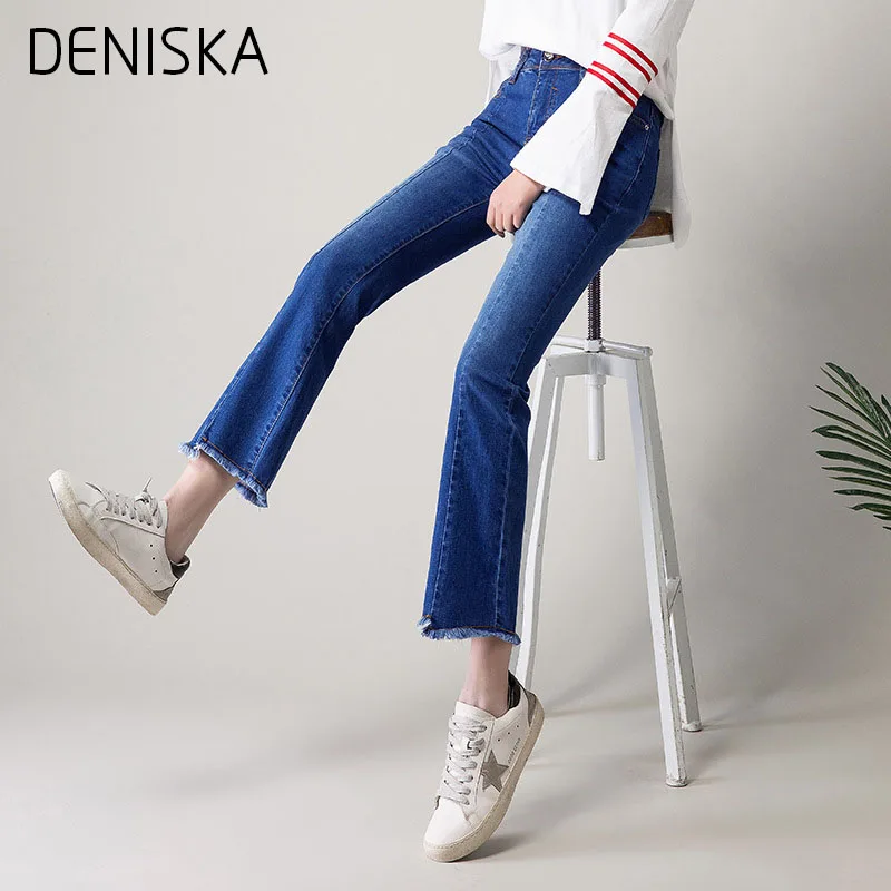 Дениска 2018 новые весенние женские джинсы снизу высокого стрейч расклешенные