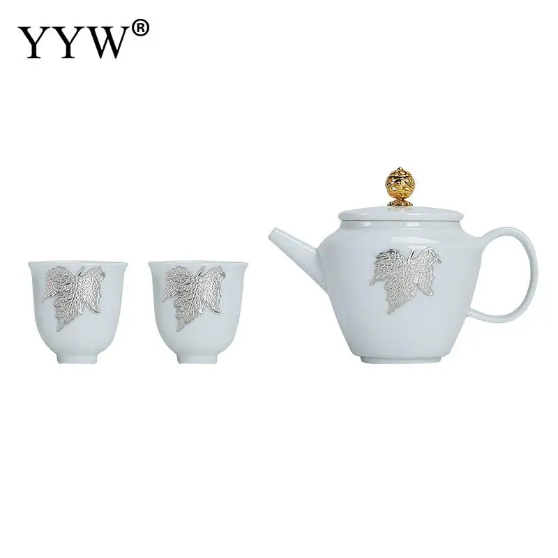 Белый чайный набор с рисунком кленового листа элегантный женский для обеда
