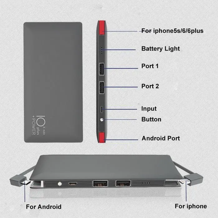 Ультратонкое портативное зарядное устройство с двумя портами USB для смартфона