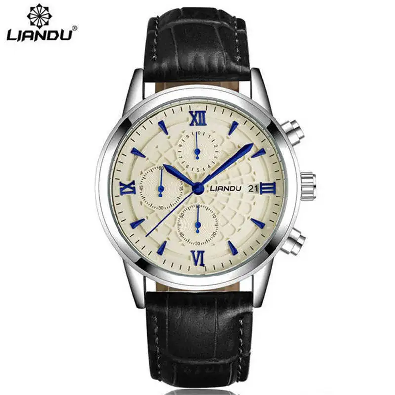 black silver white LIANDU мужские повседневные кварцевые часы хронограф Календарь черный кожаный ремешок черный водонепроницаемый светящийся спортивный Wathches для мужчин - Цвет: black silver white