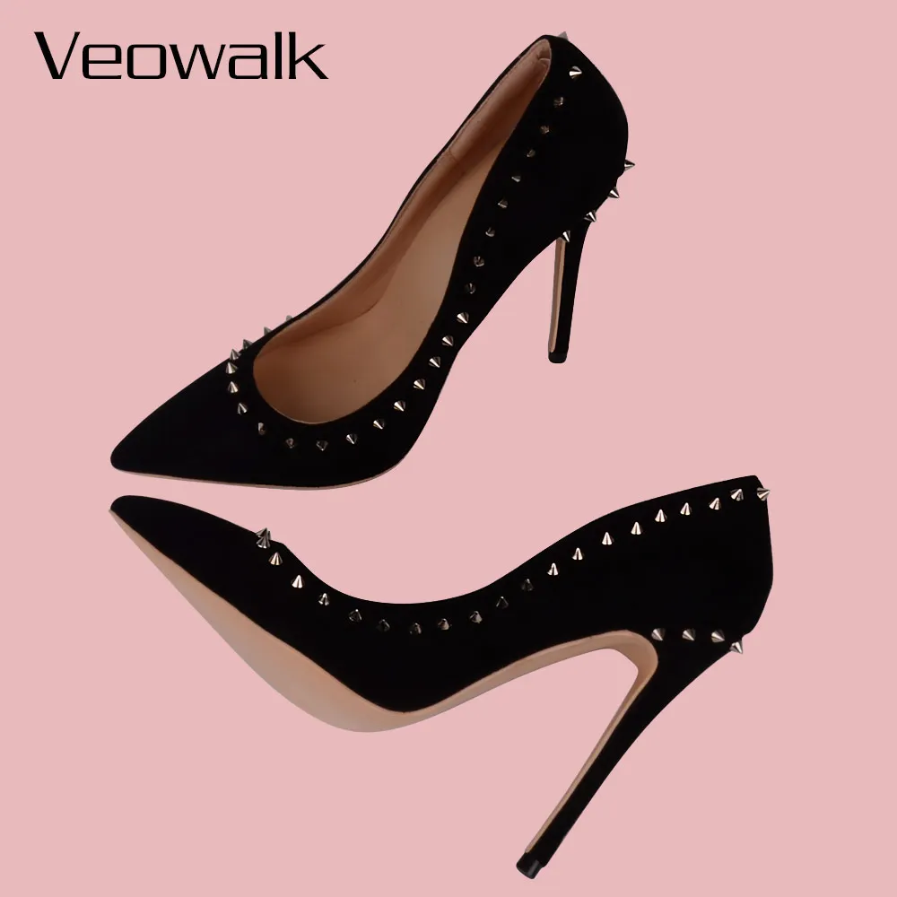 Veowalk/брендовые дизайнерские женские туфли-лодочки с острым носком и заклепками; женские замшевые туфли на шпильке; пикантные модельные туфли на высоком каблуке; женская обувь по индивидуальному заказу