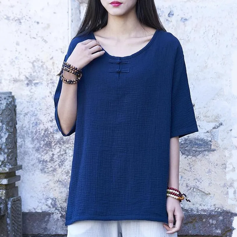 

Patchwork Chinese Style Short Sleeves Panelled Tops Blousas Women 2022 Loose Shirts Female With Buttons